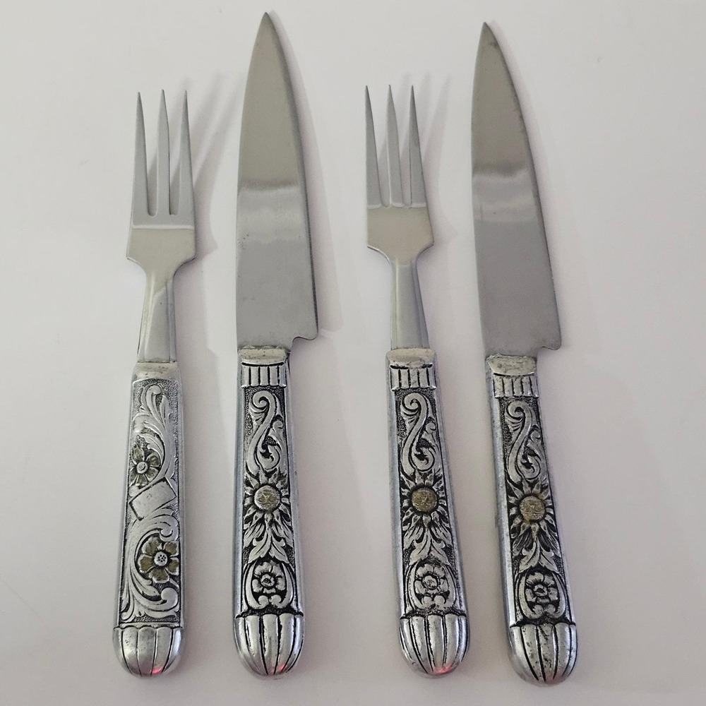 Vintage Argentinean INOXIDABLE Stainless Steel Carving Set 4 Pc Engraved Handles